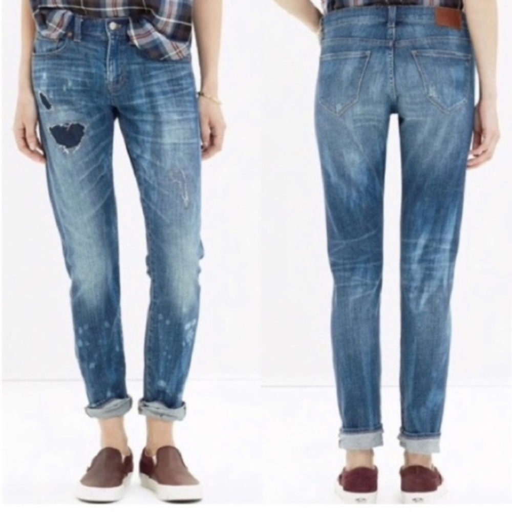 Madewell Slim Boyjean Rip And Repair Distressed Paint Splash Jeans Women’s Sz 27